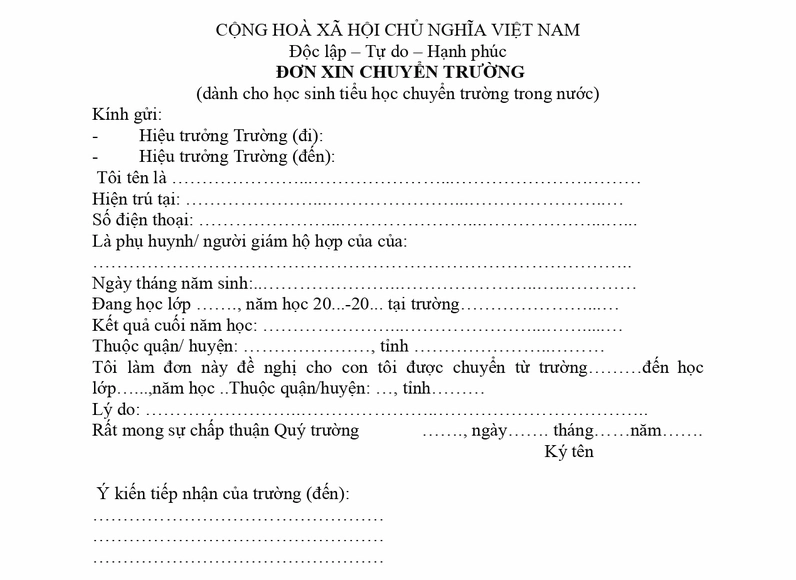 Mẫu đơn xin chuyển trường chuẩn
