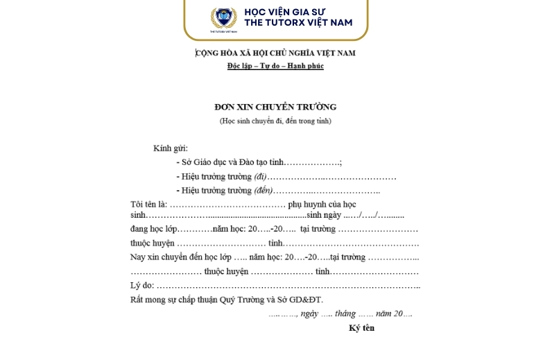 Mẫu đơn xin chuyển trường mới nhất