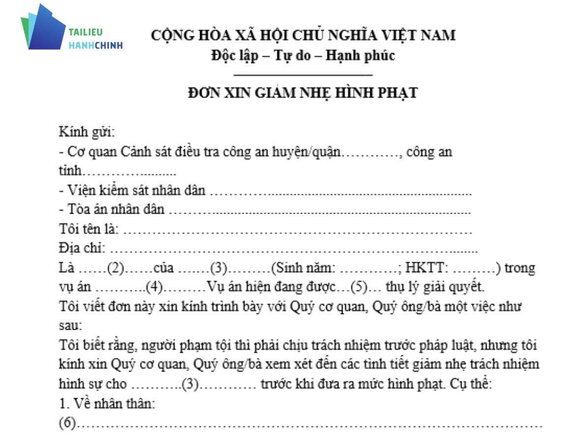 Mẫu đơn xin giảm nhẹ hình phạt