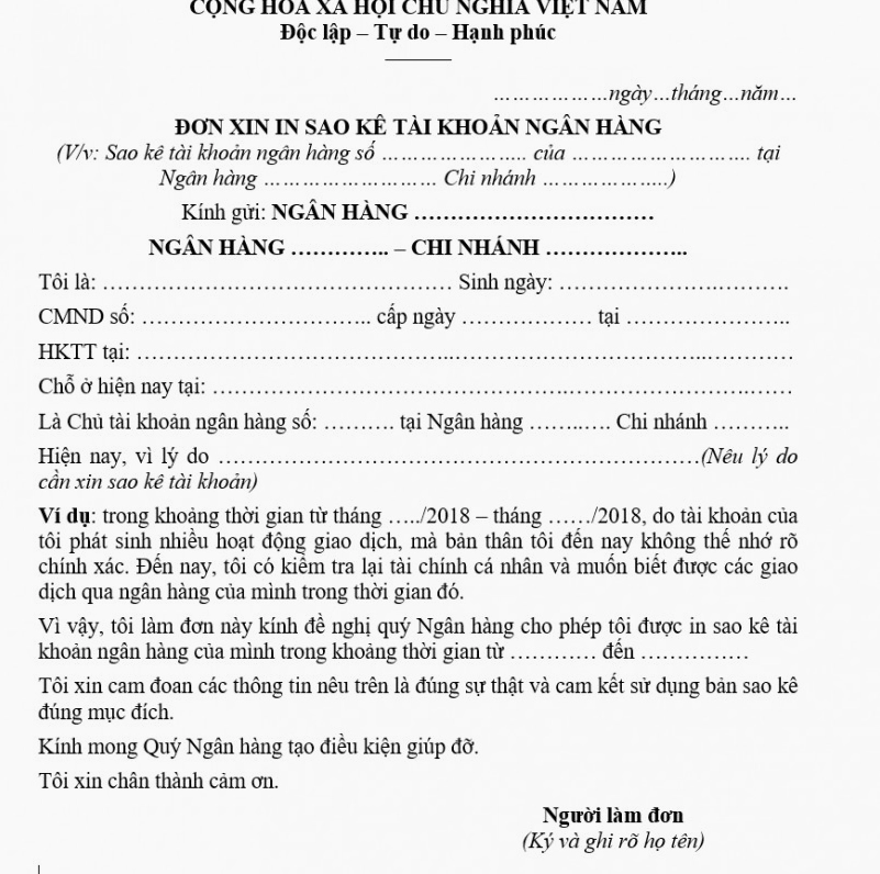 Mẫu đơn xin in sao kê tài khoản ngân hàng