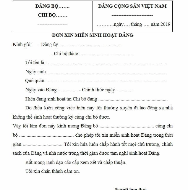 Mẫu đơn xin miễn sinh hoạt đảng - quy trình xét duyệt