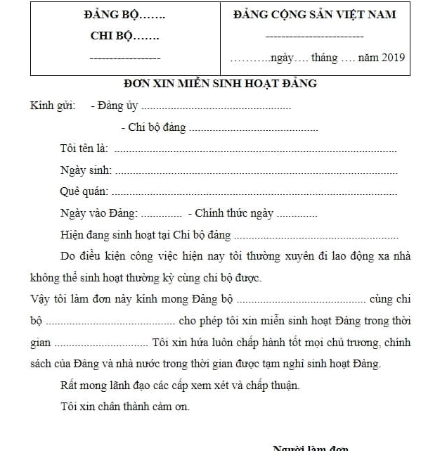 Mẫu đơn xin miễn sinh hoạt đảng
