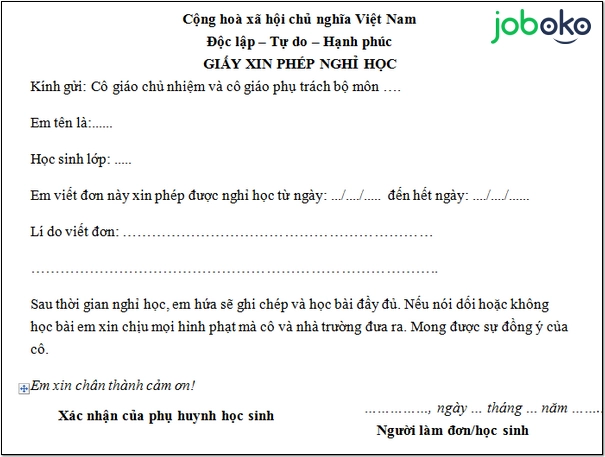 Mau don xin nghi hoc chuan cho hoc sinh sinh vien