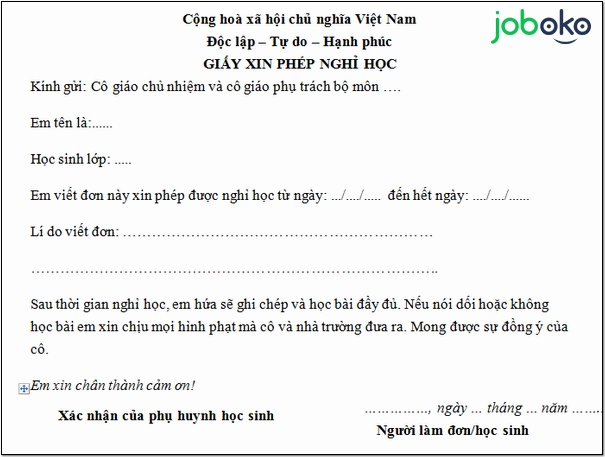 Mẫu đơn xin nghỉ học chuẩn cho học sinh sinh viên