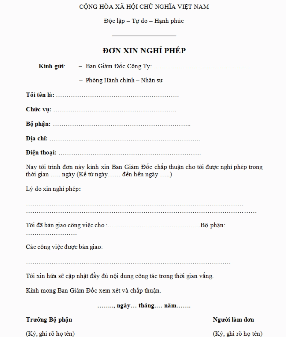 Mẫu đơn xin nghỉ phép chuẩn, đầy đủ thông tin.