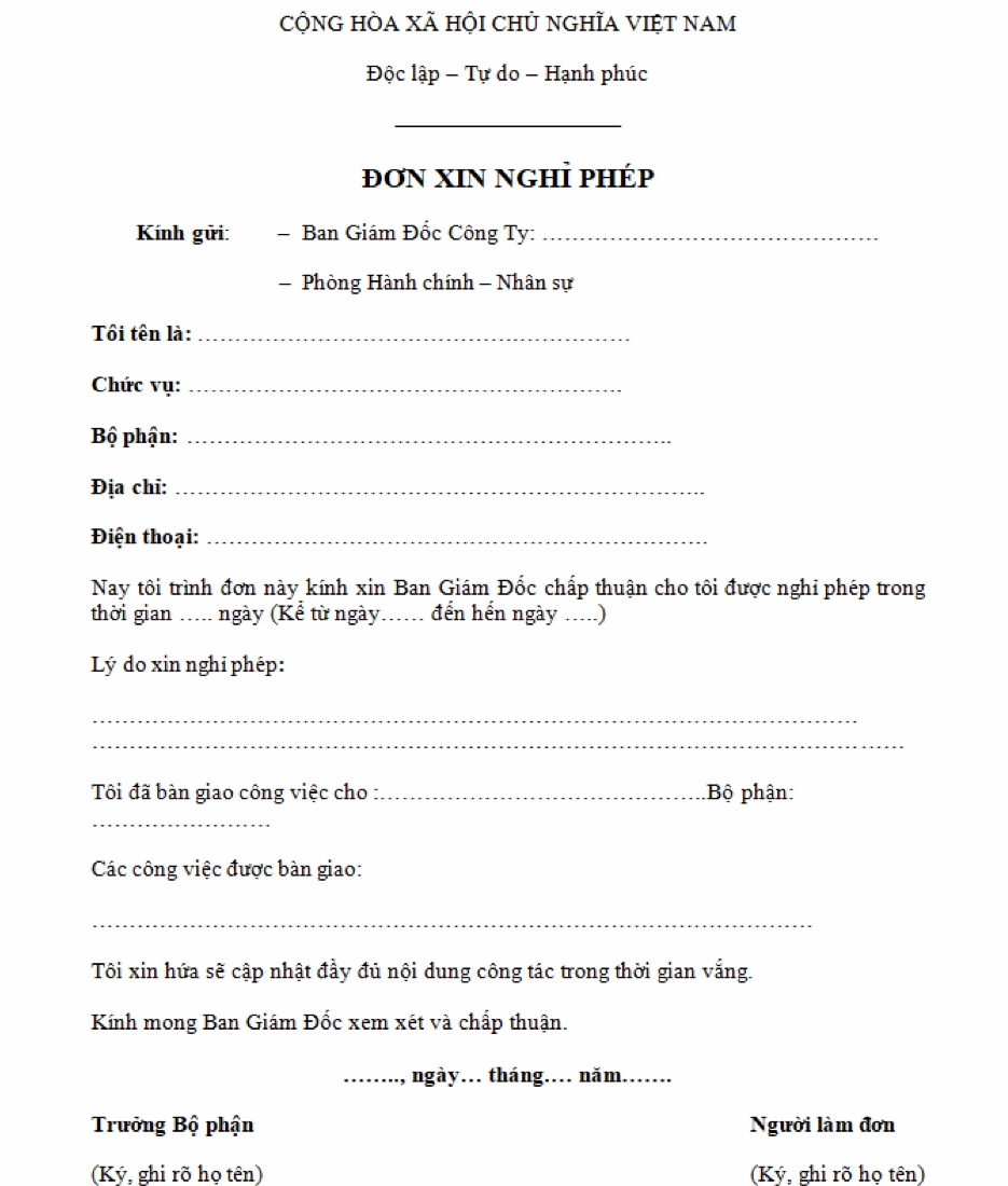 Mẫu đơn xin nghỉ phép cơ bản