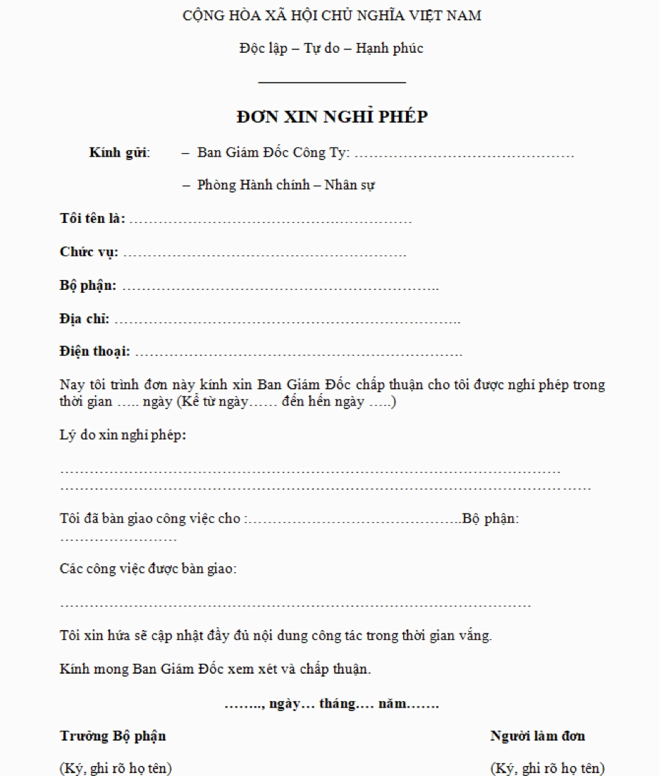 Mẫu đơn xin nghỉ phép cơ bản