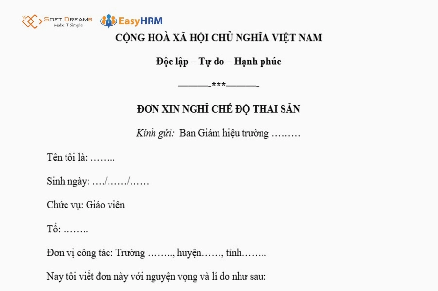 Mẫu đơn xin nghỉ thai sản của giáo viên