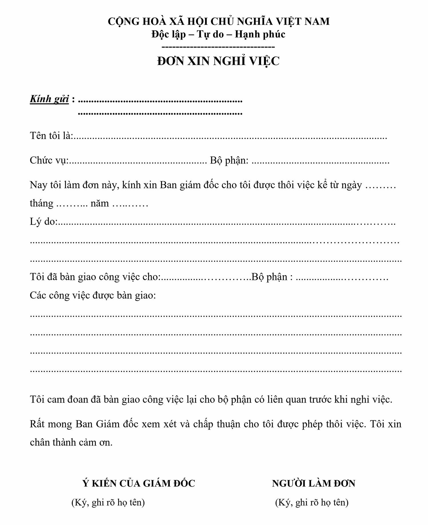 Mẫu đơn xin nghỉ việc chuẩn
