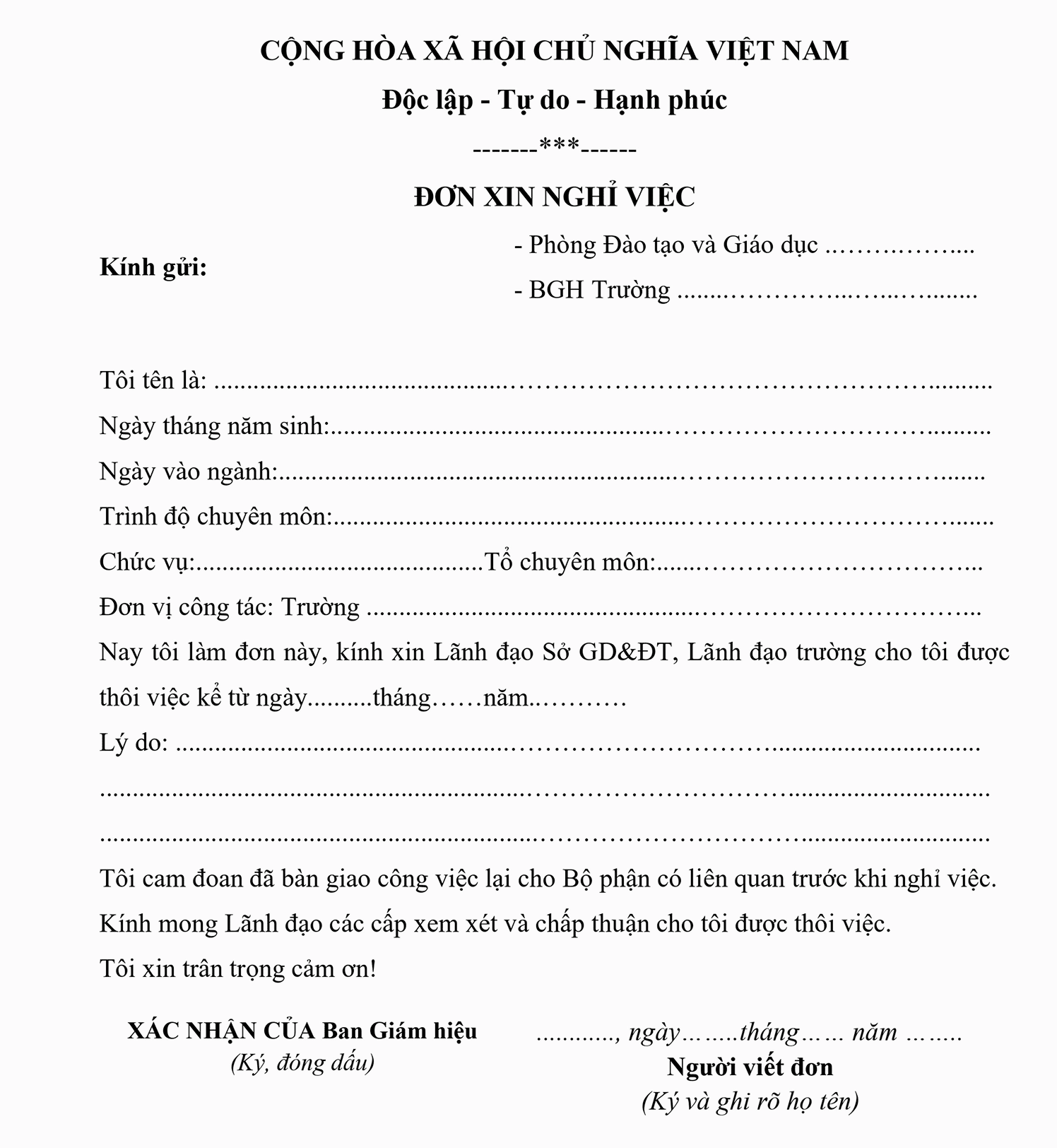 Mẫu đơn xin nghỉ việc dành riêng cho ngành giáo viên