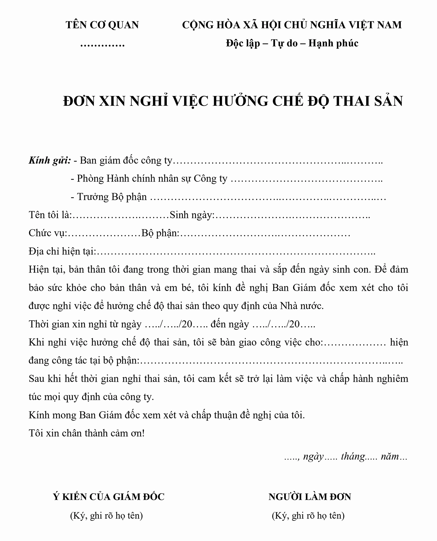Mẫu đơn xin nghỉ việc hưởng chế độ thai sản theo luật định