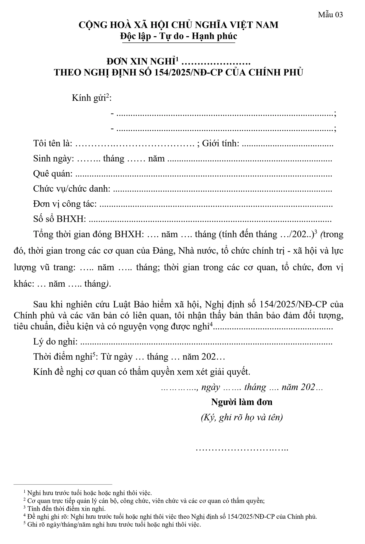 Mẫu đơn xin nghỉ việc theo Nghị định 154 mới nhất