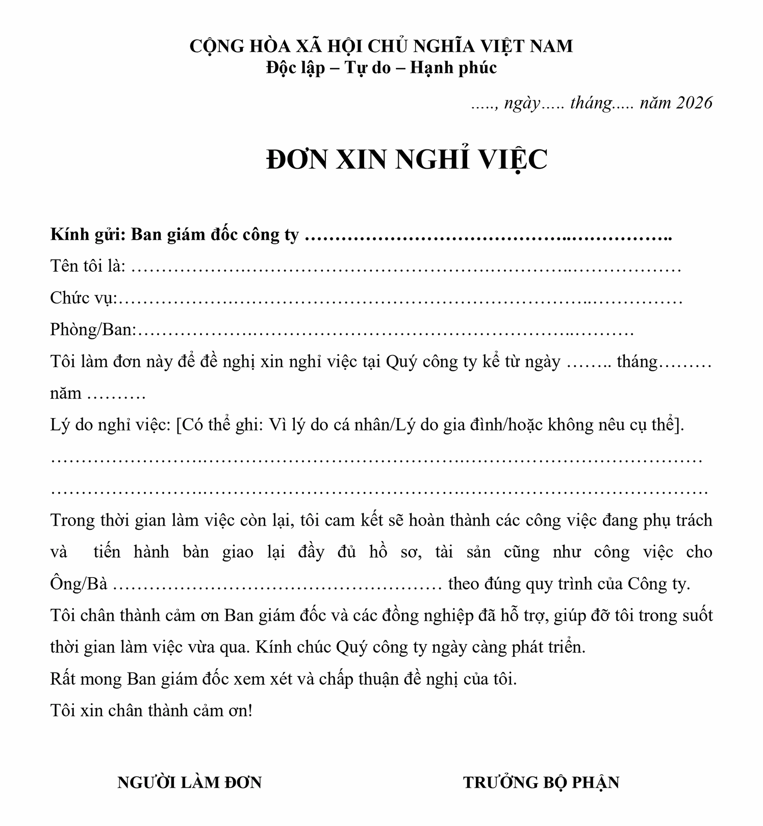 Mẫu đơn xin nghỉ việc vì lý do gia đình cần sự thấu hiểu