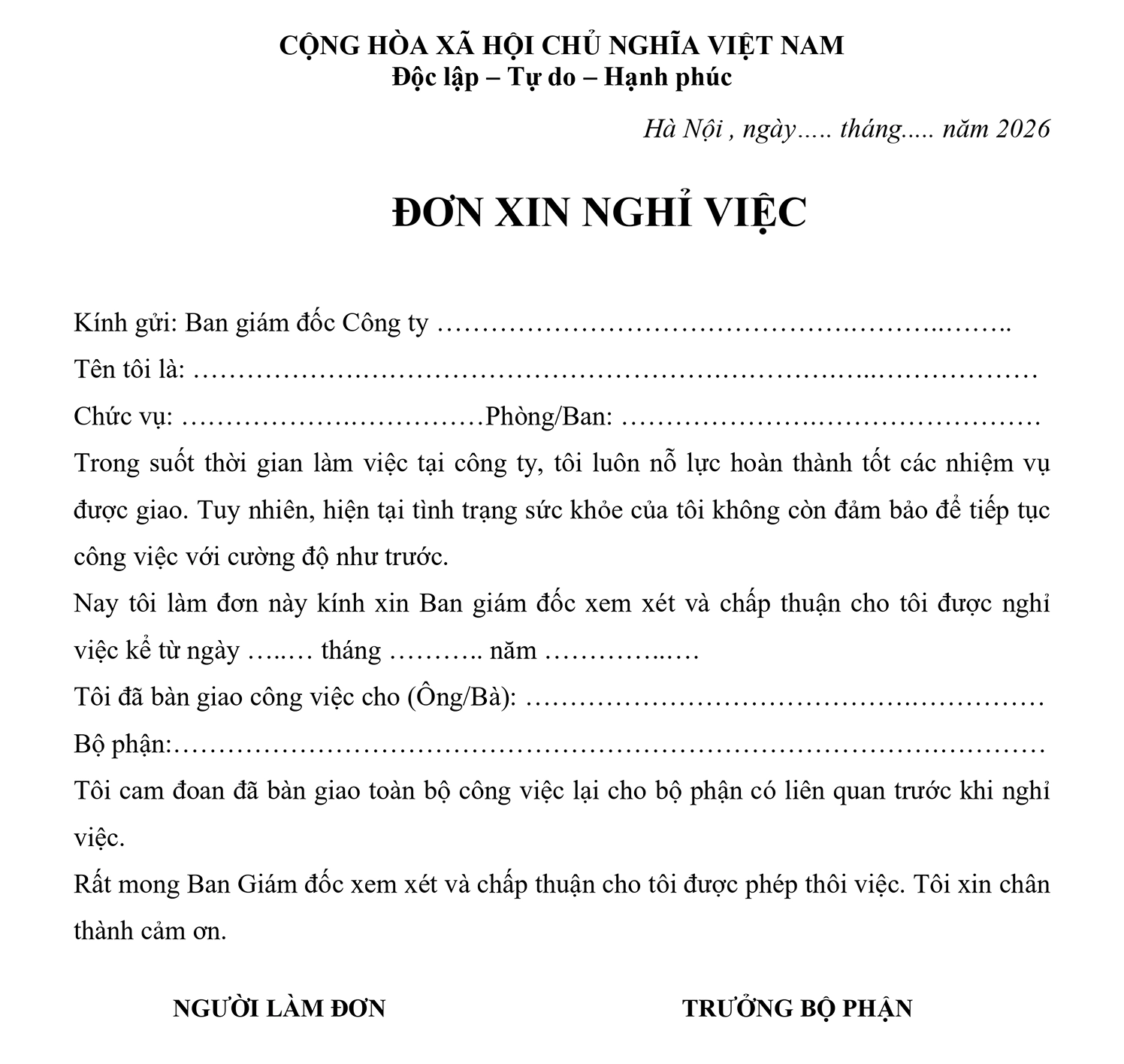 Mẫu đơn xin nghỉ việc vì lý do sức khỏe cần có giấy tờ chứng minh