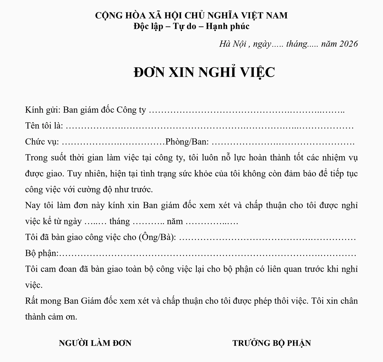 Mẫu đơn xin nghỉ việc vì lý do sức khỏe