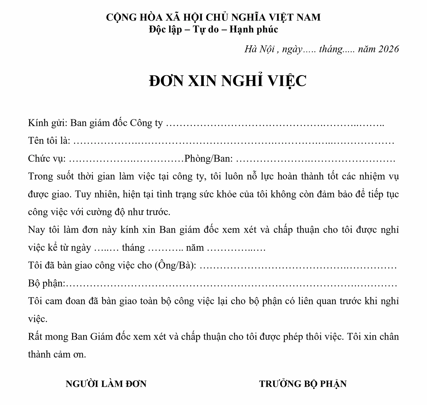 Mẫu đơn xin nghỉ việc vì lý do sức khỏe