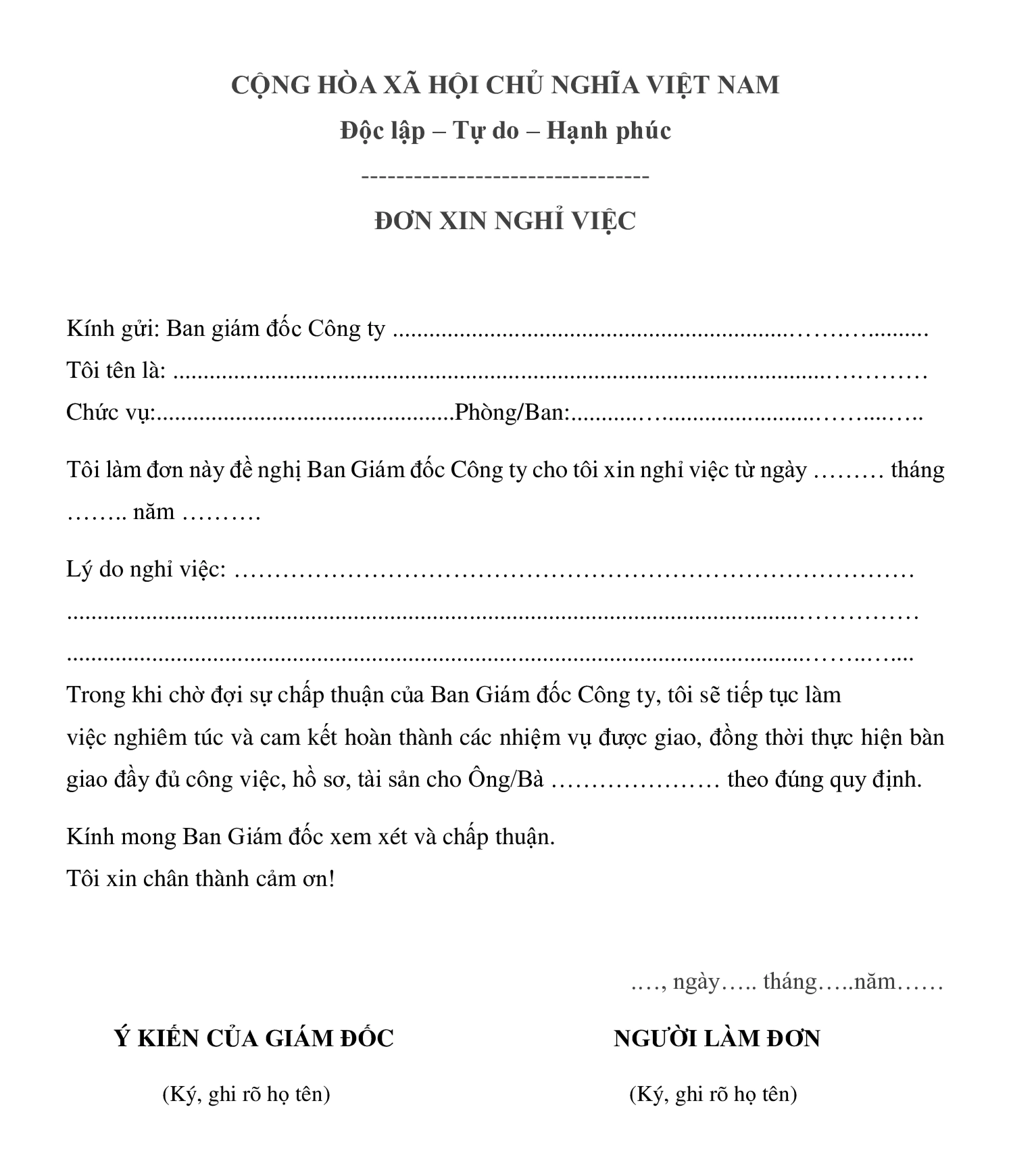 Mẫu đơn xin thôi việc của công nhân