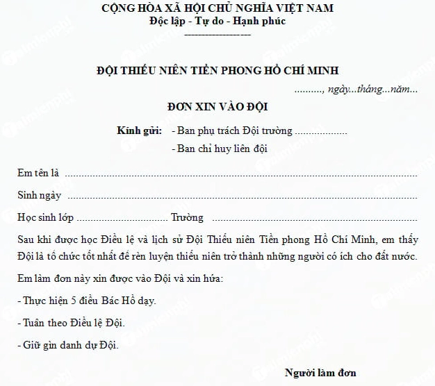 Mẫu đơn xin vào Đội thiếu niên tiền phong Hồ Chí Minh