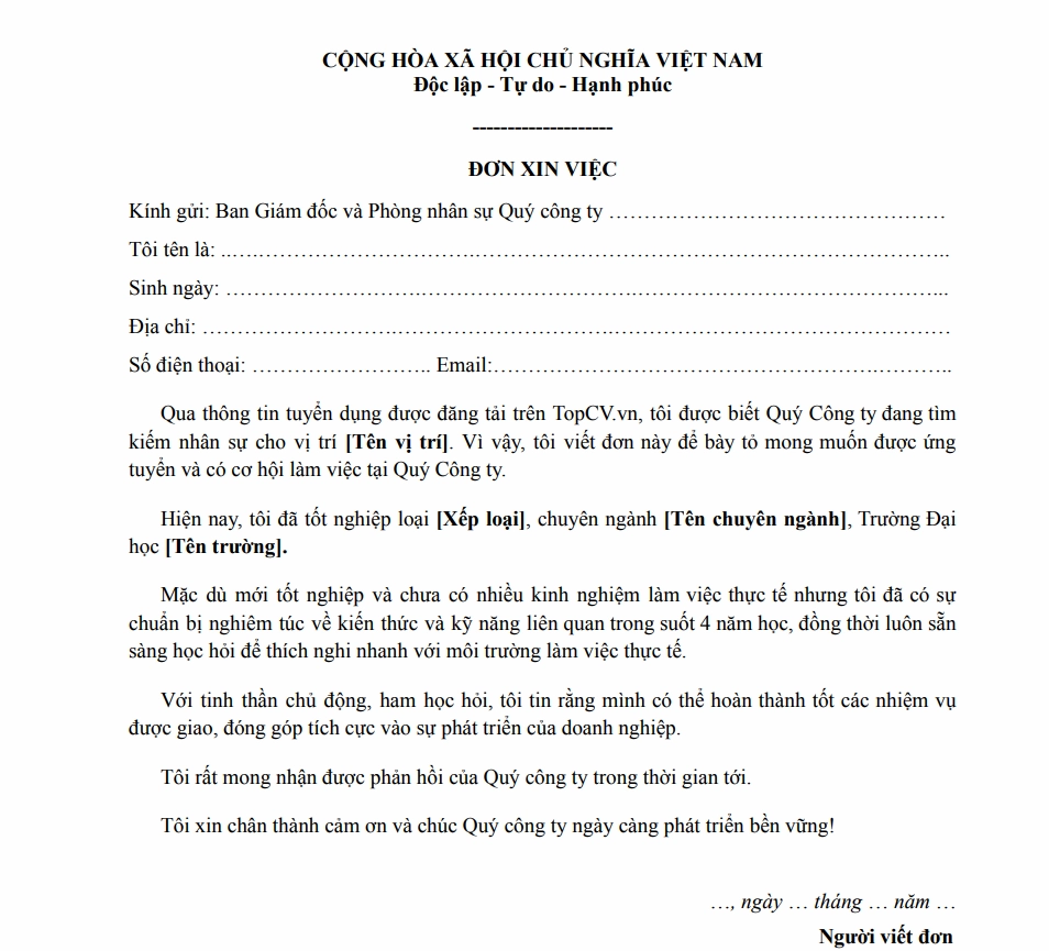 Mẫu đơn xin việc cho sinh viên mới ra trường