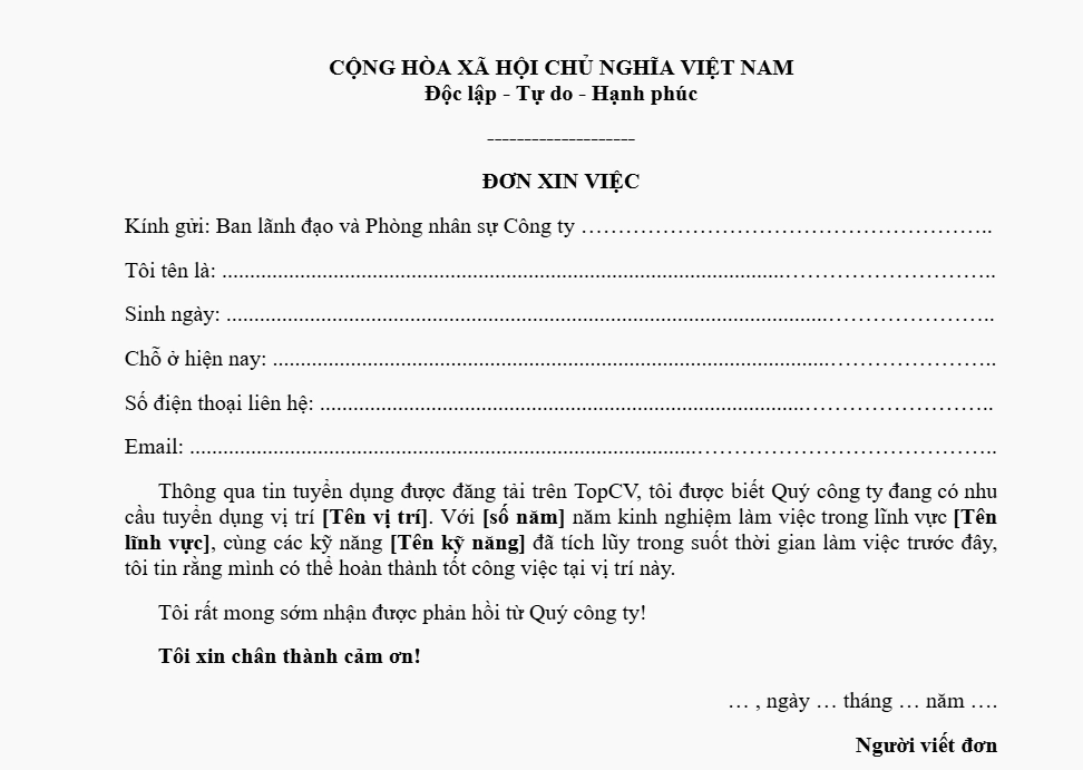 Mẫu đơn xin việc chung cho nhiều ngành nghề