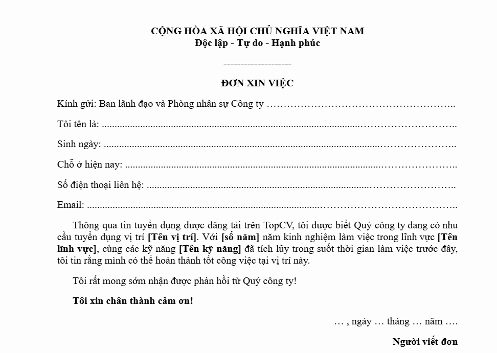 Mẫu đơn xin việc chung cơ bản