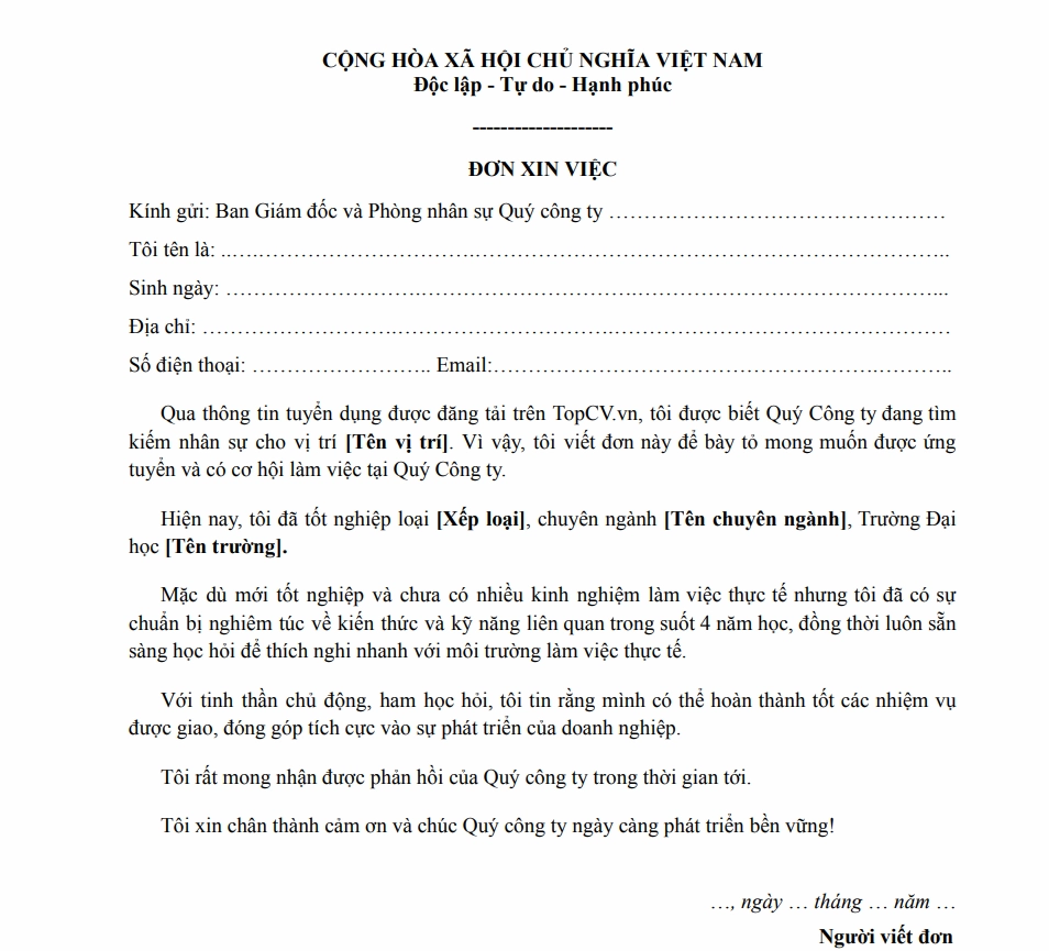 Mẫu đơn xin việc dành cho sinh viên mới ra trường
