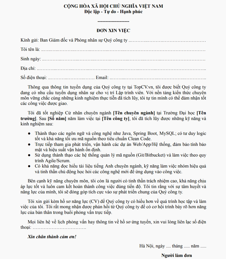 Mẫu đơn xin việc Lập trình viên