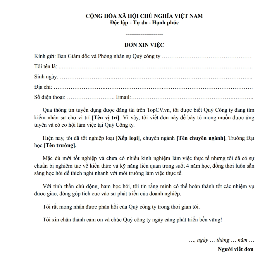 Mẫu đơn xin việc tham khảo cho sinh viên mới ra trường