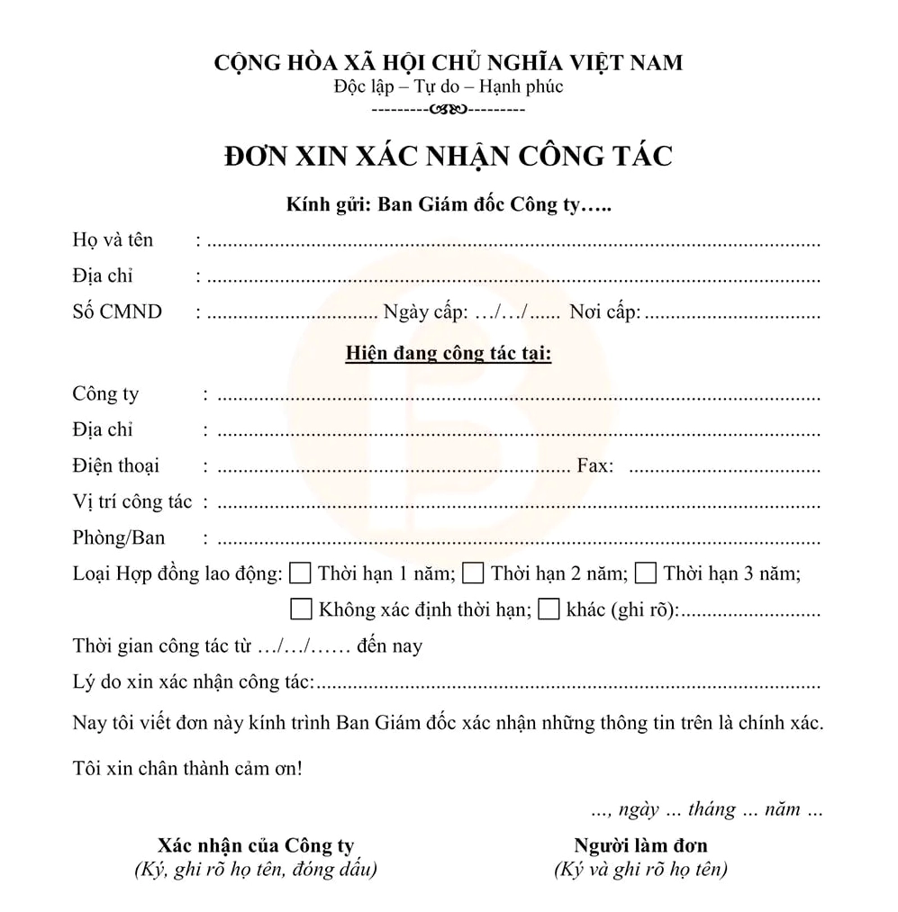 Mẫu đơn xin xác nhận công tác 01