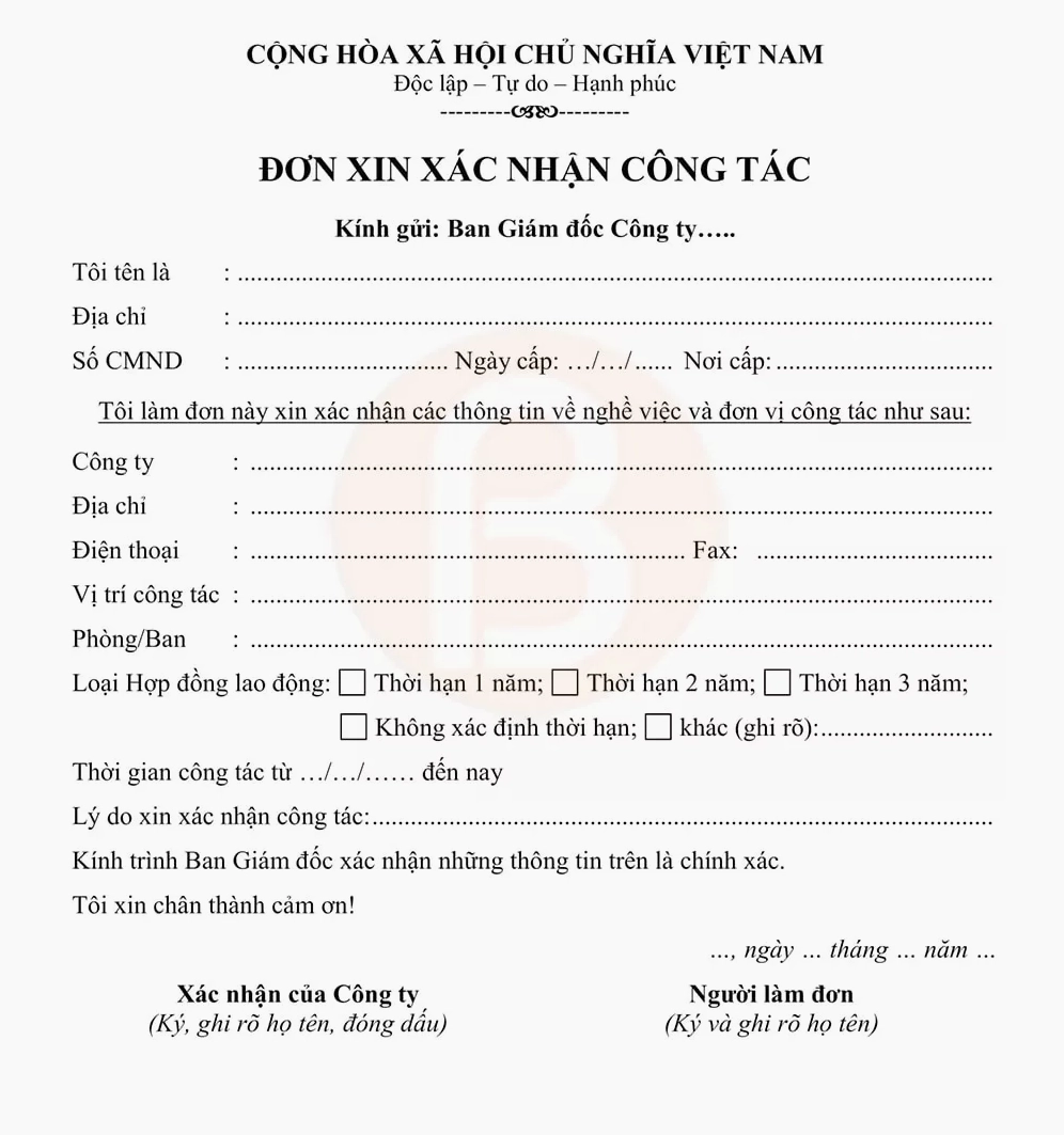 Mẫu đơn xin xác nhận công tác 03