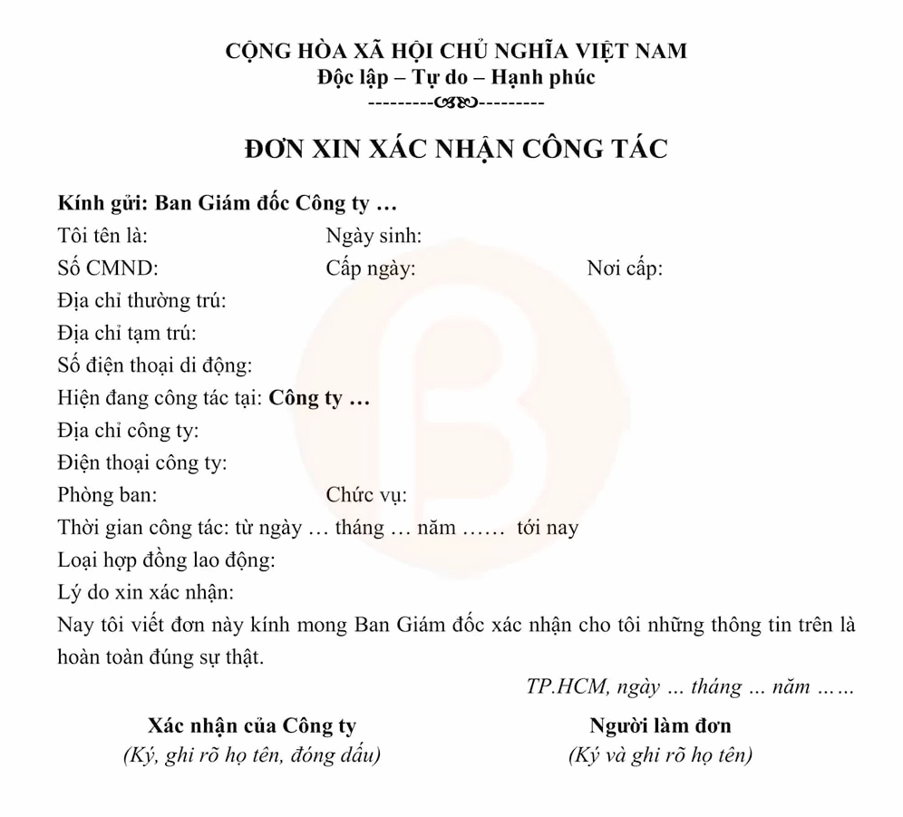 Mẫu đơn xin xác nhận công tác 04
