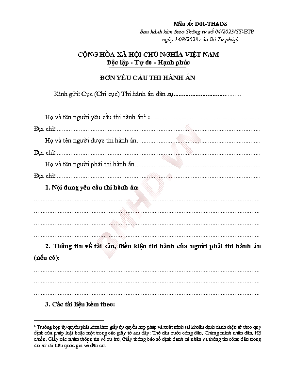 Mẫu đơn yêu cầu thi hành án dân sự