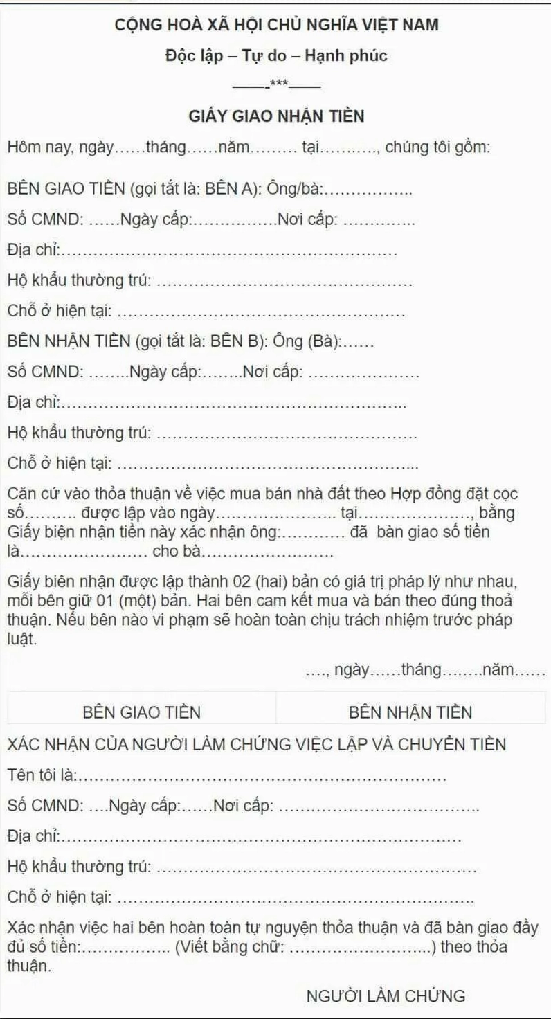 Mẫu giấy biên nhận tiền 01