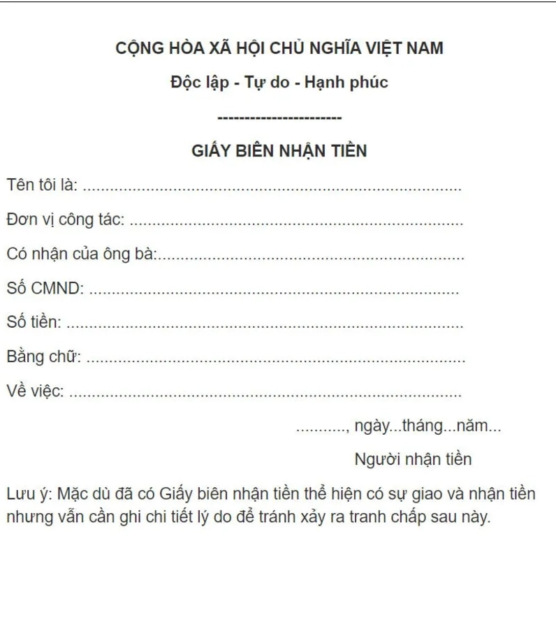 Mẫu giấy biên nhận tiền 02