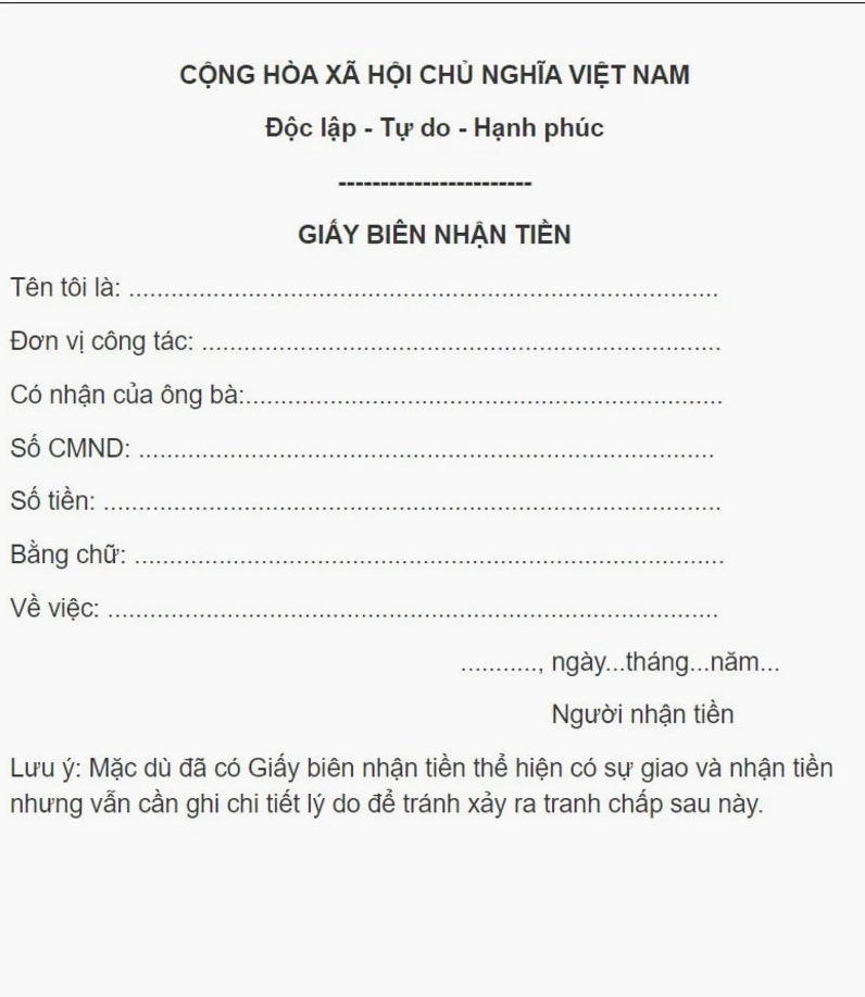 Mẫu giấy biên nhận tiền chi tiết