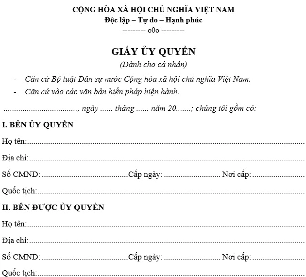Mẫu giấy ủy quyền liên quan đến bàn giao