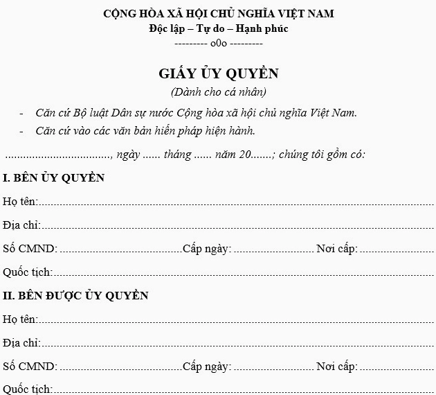 Mẫu giấy ủy quyền liên quan đến giao dịch tiền mặt