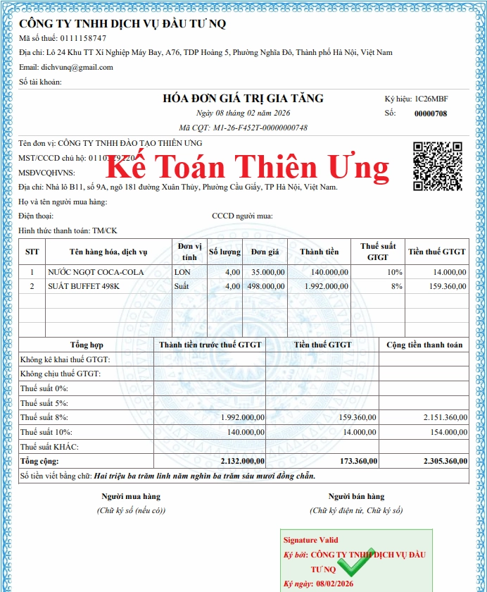 Mẫu hóa đơn được khởi tạo từ máy tính tiền 2026