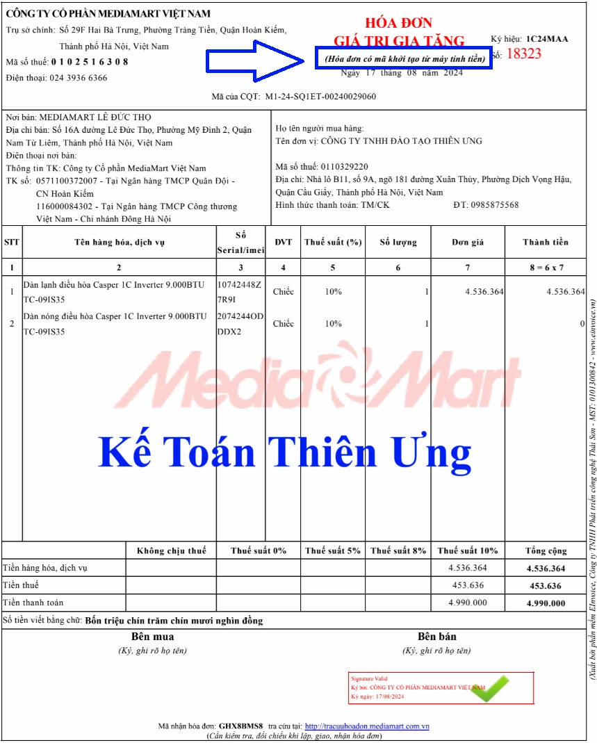 Mẫu hóa đơn được khởi tạo từ máy tính tiền