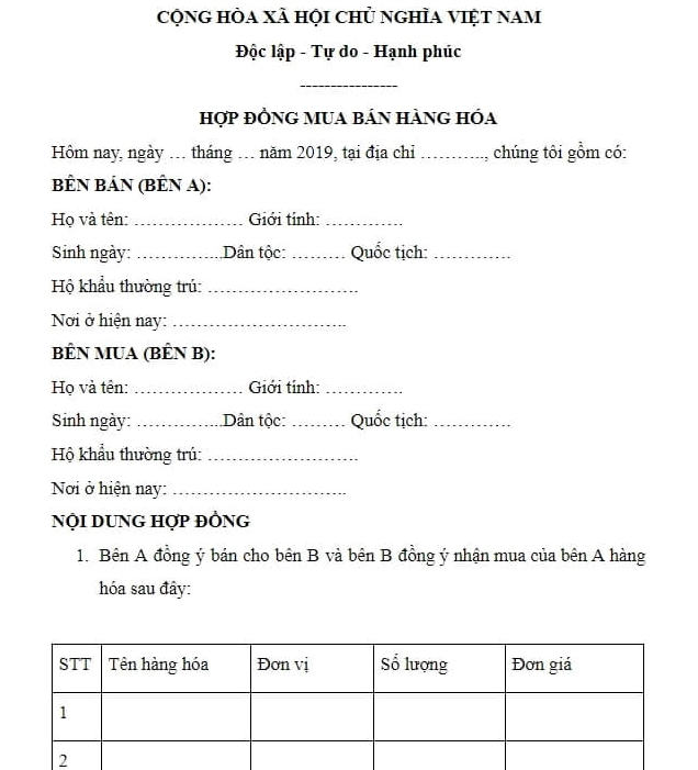 Mẫu hợp đồng mua bán hàng hoá. Nguồn: Internet