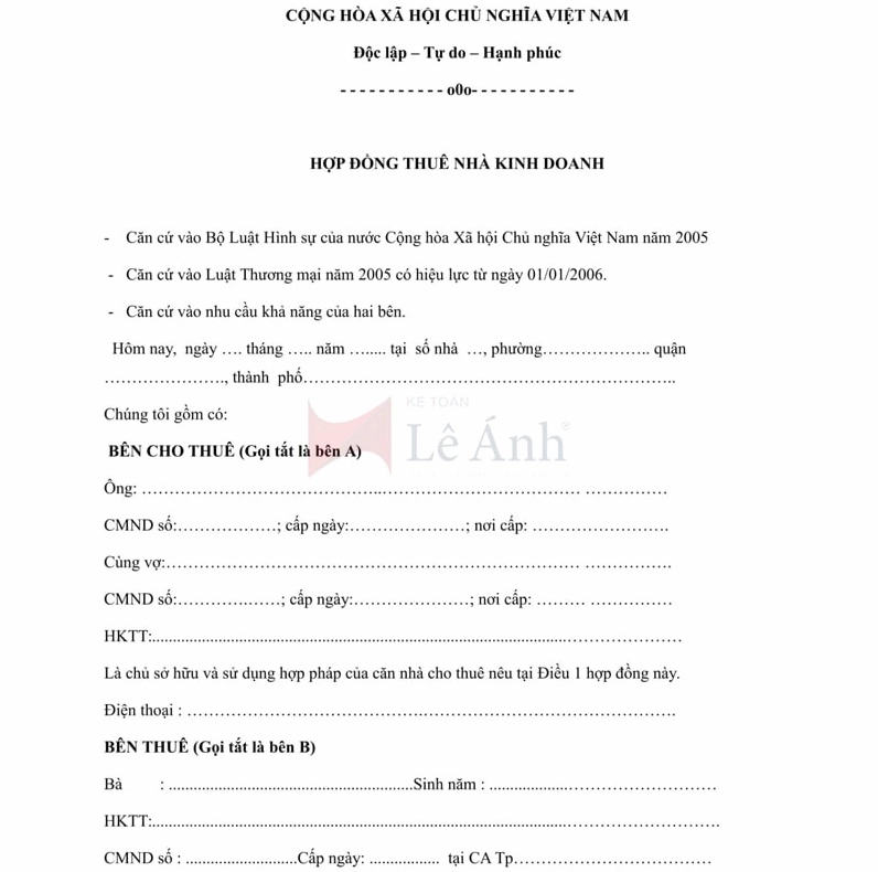 Mẫu hợp đồng thuê nhà kinh doanh