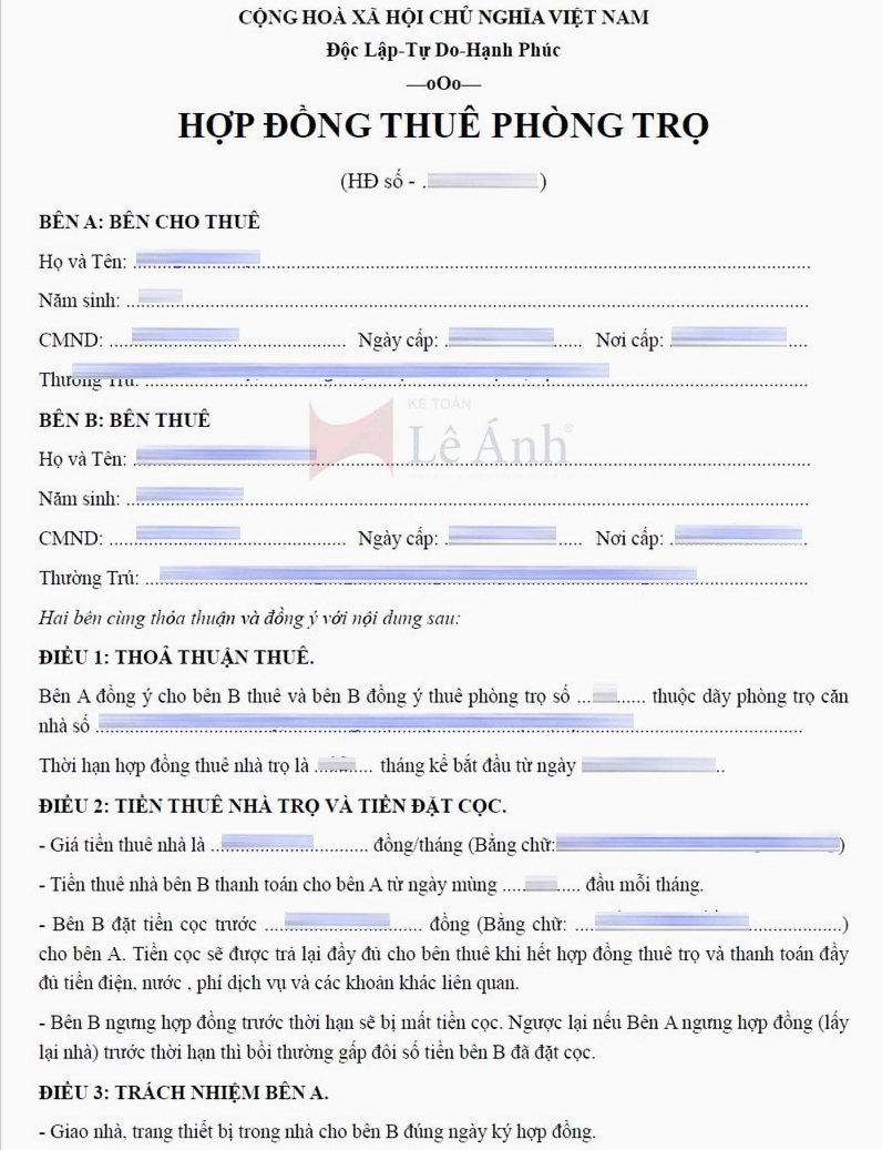 Mẫu hợp đồng thuê nhà trọ