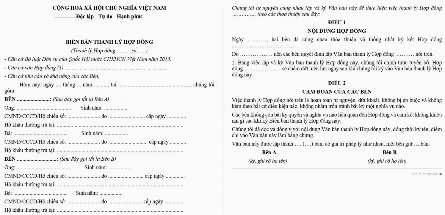 Mẫu thanh lý hợp đồng thuê nhà