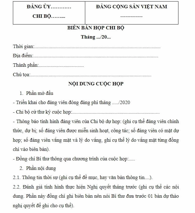Minh họa mẫu biên bản sinh hoạt chi bộ