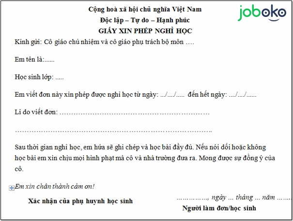 Minh họa mẫu đơn xin nghỉ học cho học sinh