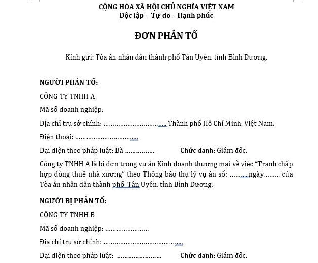 Mô tả cấu trúc một mẫu đơn phản tố theo quy định pháp luật Việt Nam