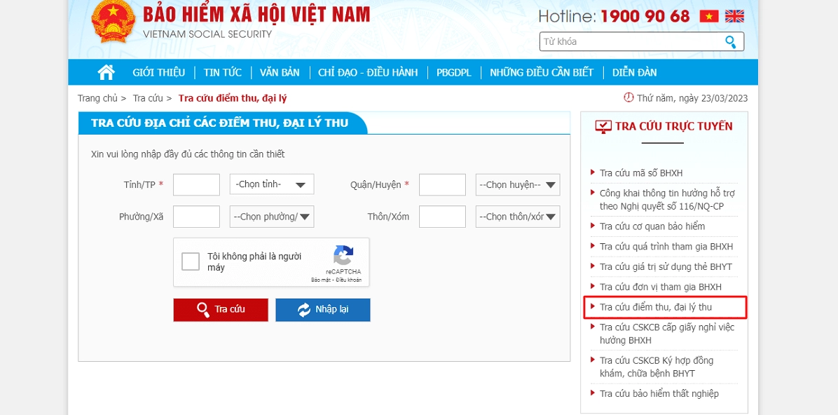 Nhấn vào mục tra cứu điểm thu, đại lý thu