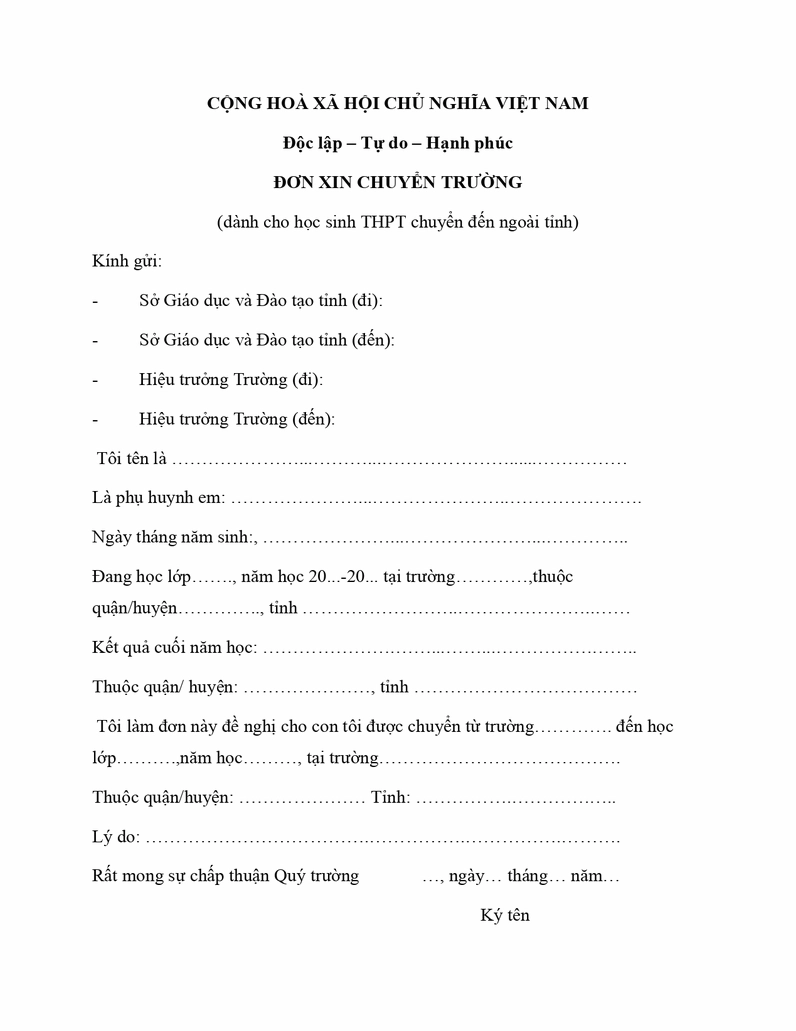 Thủ tục nộp đơn xin chuyển trường cho học sinh THPT