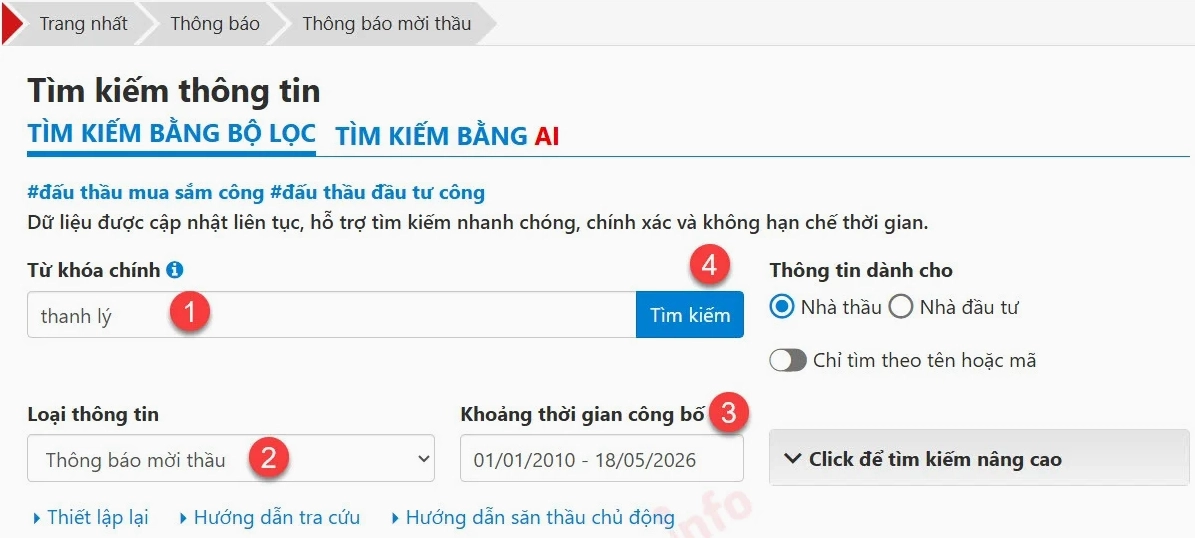 Tìm kiếm gói thầu thanh lý bằng bộ lọc