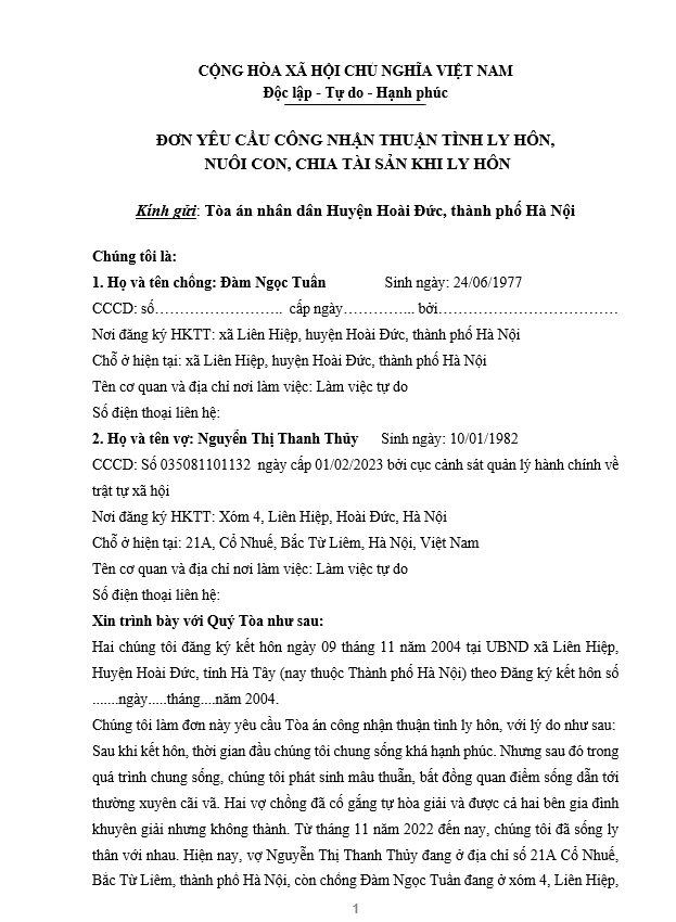 Trang 1 mẫu đơn ly hôn thuận tình